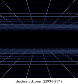 Vector abstract futuristic dark background with vision perspective. Retro design - fashion 80-90s. Color grid neon infinity surface