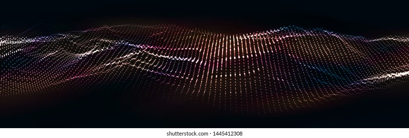 Vector abstract futuristic digital landscape with particles dots and stars on horizon. computer geometric digital connection. Music abstract background