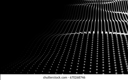 Vector abstract futuristic digital landscape with particles dots and stars on horizon. computer geometric digital connection structure. Futuristic blue abstract grid