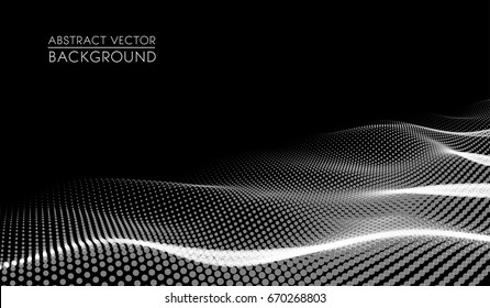 Vector abstract futuristic digital landscape with particles dots and stars on horizon. computer geometric digital connection structure. Futuristic blue abstract grid