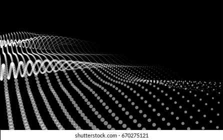 Vector abstract futuristic digital landscape with particles dots and stars on horizon. computer geometric digital connection structure. Futuristic blue abstract grid. Intelligence artificial. Big data