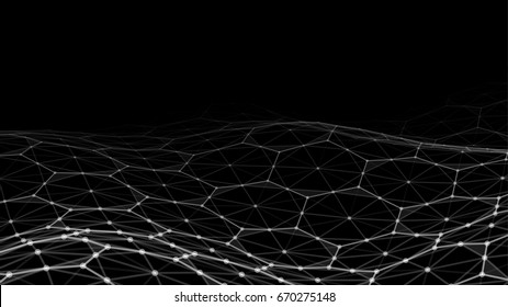 Vector abstract futuristic digital landscape with particles dots and stars on horizon. computer geometric digital connection structure. Futuristic blue abstract grid