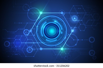 Vector Abstract Futuristic Eyeball On Circuit Board, Illustration High Computer Technology On Green And Blue Color Background. Hi-tech Digital Technology Concept