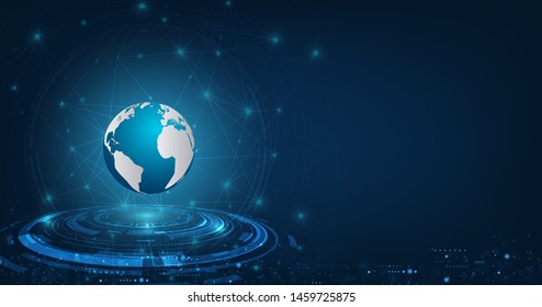 Vector abstract futuristic global technology connection network communication on dark blue color background.