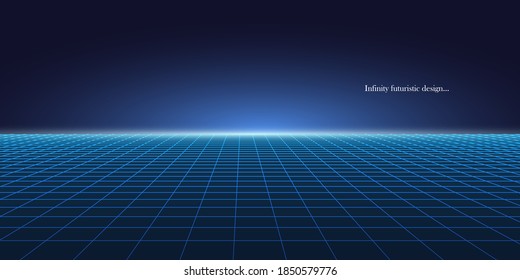 Vector abstract futuristic glowing background with vision perspective. Retro design - fashion 80-90s. Bright grid neon surface with glowing effect