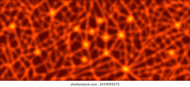 Vector abstract futuristic glowing orange blurry deep structures. Polygonal turbid mesh space. Luminous points. Flashes. Wallpaper or background.