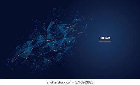 Vector abstract futuristic image of artificial intelligence connectivity. Low poly mesh looks like stars or space. AI technology, network, big data analysis concept with lines, dots and blue particles