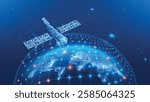 Vector abstract futuristic image. Realistic space communication satellite flies over the surface of planet Earth. Global Internet communication system, innovations and modern technologies. 