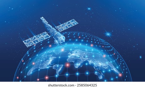 Vector abstract futuristic image. Realistic space communication satellite flies over the surface of planet Earth. Global Internet communication system, innovations and modern technologies. 