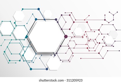 Vector Abstract futuristic. Molecule technology on light gray background, hi-tech digital technology concept. Blank white paper polygon label with space for your content, business, network, web design