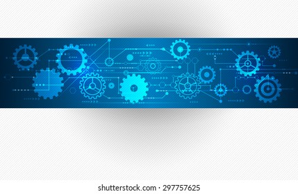 Vector Abstract futuristic, Stripe line printed circuit board pattern with gear wheel and arrow symbol on blue color background. Light gray color background with blank space for design 