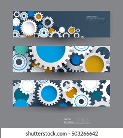 Vector abstract gear wheel, banners set. High tech technology and engineering background, machine technology futuristic concept. Vector abstract technology for web banner template or brochure