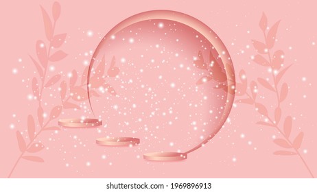 Vector. Abstract gentle magical pink background in pastel colors, fireflies. Stage for the presentation of cosmetic products, podium, 3d rendering.