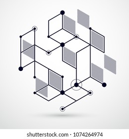 Vector of abstract geometric 3D cube pattern and black and white background. Layout of cubes, hexagons, squares, rectangles and different abstract elements.