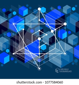 Vector of abstract geometric 3D cube pattern and dark blue background. Layout of cubes, hexagons, squares, rectangles and different abstract elements.