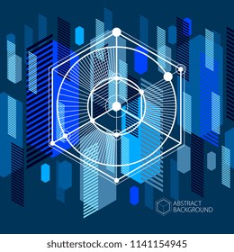 Vector of abstract geometric 3D cube pattern and dark blue background. Layout of cubes, hexagons, squares, rectangles and different abstract elements.