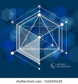 Vector of abstract geometric 3D cube pattern and dark blue background. Layout of cubes, hexagons, squares, rectangles and different abstract elements.