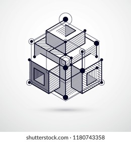 Vector of abstract geometric 3D cube pattern and black and white background. Layout of cubes, hexagons, squares, rectangles and different abstract elements.