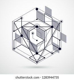 Vector of abstract geometric 3D cube pattern and black and white background. Layout of cubes, hexagons, squares, rectangles and different abstract elements.