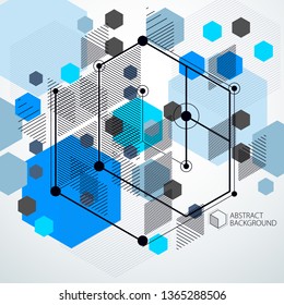 Vector of abstract geometric 3D cube pattern and blue background. Layout of cubes, hexagons, squares, rectangles and different abstract elements.