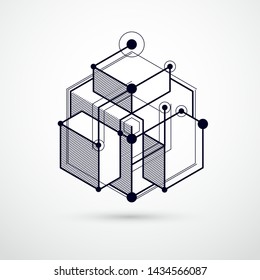 Vector of abstract geometric 3D cube pattern and black and white background. Layout of cubes, hexagons, squares, rectangles and different abstract elements.