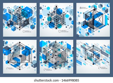 Vector of abstract geometric 3D cube pattern and blue backgrounds set. Layout of cubes, hexagons, squares, rectangles and different abstract elements.