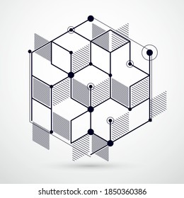 Vector of abstract geometric 3D cube pattern and black and white background. Layout of cubes, hexagons, squares, rectangles and different abstract elements.