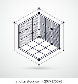 Vector de patrón de cubo 3D geométrico abstracto y fondo blanco y negro. Disposición de cubos, hexagones, cuadrados, rectángulos y diferentes elementos abstractos.