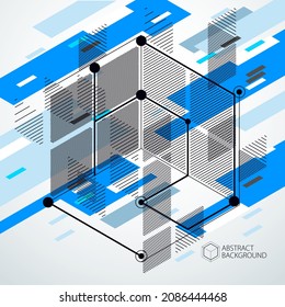 Vector of abstract geometric 3D cube pattern and blue background. Layout of cubes, hexagons, squares, rectangles and different abstract elements.