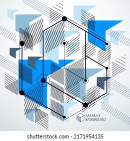 Vector of abstract geometric 3D cube pattern and blue background. Layout of cubes, hexagons, squares, rectangles and different abstract elements.