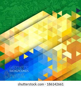 Vector abstract geometric background in Brazil color concept. Geometric color pattern with place for your text.Triangle decor,text separately from the background