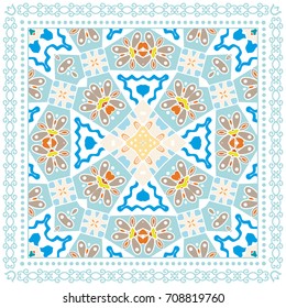 Vector abstract geometric background, colorful doodle illustration, fabric textile pattern with lace frame border. Bandanna shawl, tablecloth print, silk neck scarf, kerchief design
