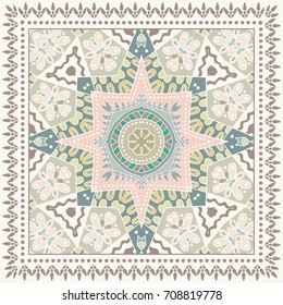 Vector abstract geometric background, colorful doodle illustration, fabric textile pattern with lace frame border. Bandanna shawl, tablecloth print, silk neck scarf, kerchief design
