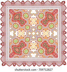 Vector abstract geometric background, colorful doodle illustration, fabric textile pattern with lace frame border. Bandanna shawl, tablecloth print, silk neck scarf, kerchief design