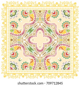 Vector abstract geometric background, colorful doodle illustration, fabric textile pattern with lace frame border. Bandanna shawl, tablecloth print, silk neck scarf, kerchief design