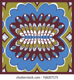 Vector abstract geometric background, colorful doodle illustration, fabric textile pattern. Bandanna shawl, tablecloth print, silk neck scarf, kerchief design