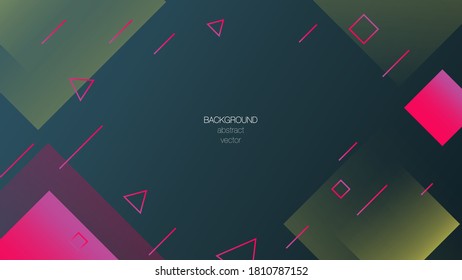 Vektorgrafik abstrakter geometrischer Hintergrund. Dunkelgrauer metallischer Hintergrund. Hellrosa, gelbe Formen sind zufällig angeordnet: Quadrate, Dreiecke und gerade Linien. Kopiert Platz.