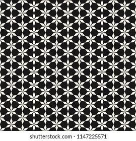 Vector abstract geometric background. Floral grid seamless pattern. Elegant black and white ornament with flower silhouettes, lattice, mesh, triangular shapes, small elements. Repeat tileable design
