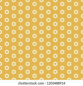 Vector abstract geometric background with flower shapes, stars. Simple floral seamless pattern in yellow mustard color. Minimal repeatable texture. Design for decor, print, wallpapers, textile, cloth