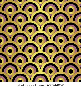 Vector abstract geometric background with golden semicircles shapes and black circles in seamless waves pattern. Premium textured background Royal style design for surface in luxury colors 