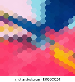 Vector abstract geometric background. Hexagons of blue, pink and purple. Brochure template design.