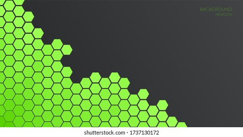 Abstrakter, geometrischer Hintergrund, metallisch grüne sechseckige Formen auf dunkelgrauem Farbverlauf. Für Banner, Druckdesign, Platz für Text. Copyspace.