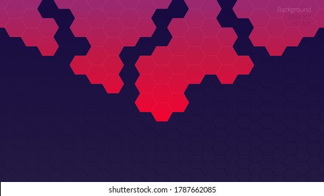 Vector abstract, geometric background, metallic colored red and pink hexagonal shapes on a gradient violet bright background. For banner, print design, place for text. Copyspace.