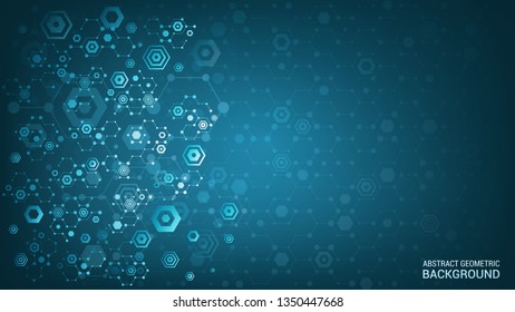 Vector. Abstract geometric background. Scientific and technological concept. Glowing colorful hexagons in the shape of diamonds. Genetic and chemical compounds system. Geometric graphics. 