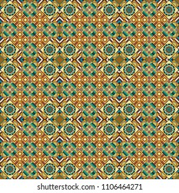 Vector abstract geometric background. Seamless pattern with rhombus and polygons forming abstract wallpaper. Stylish blue, yellow and brown texture.