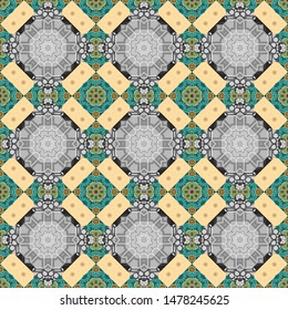 Vector abstract geometric background. Seamless pattern with rhombus and polygons forming abstract wallpaper. Stylish beige, gray and blue texture.