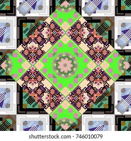 Vector abstract geometric background. Seamless pattern with rhombus and polygons forming abstract wallpaper. Stylish gray, pink and green texture.