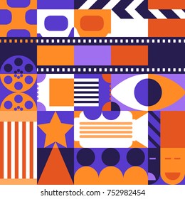 Vector abstract geometric cinema concept. Design elements, pattern and background for movie poster, entrance ticket, flyer. Trendy design for fashion textile prints, fabric.