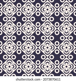 Vector abstract geometric circular flower shape in checkered seamless pattern background. Sino-Portuguese colonial vintage design. Use for fabric, textile, interior decoration elements, upholstery.