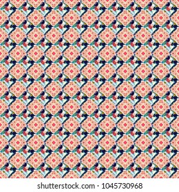 Vector abstract geometric colorful seamless pattern for background. Decorative backdrop in white, blue and pink colors can be used for wallpaper, pattern fills, page background, surface textures.